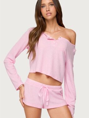 Edikted Pink Waffle-Knit Cropped Lounge Top
